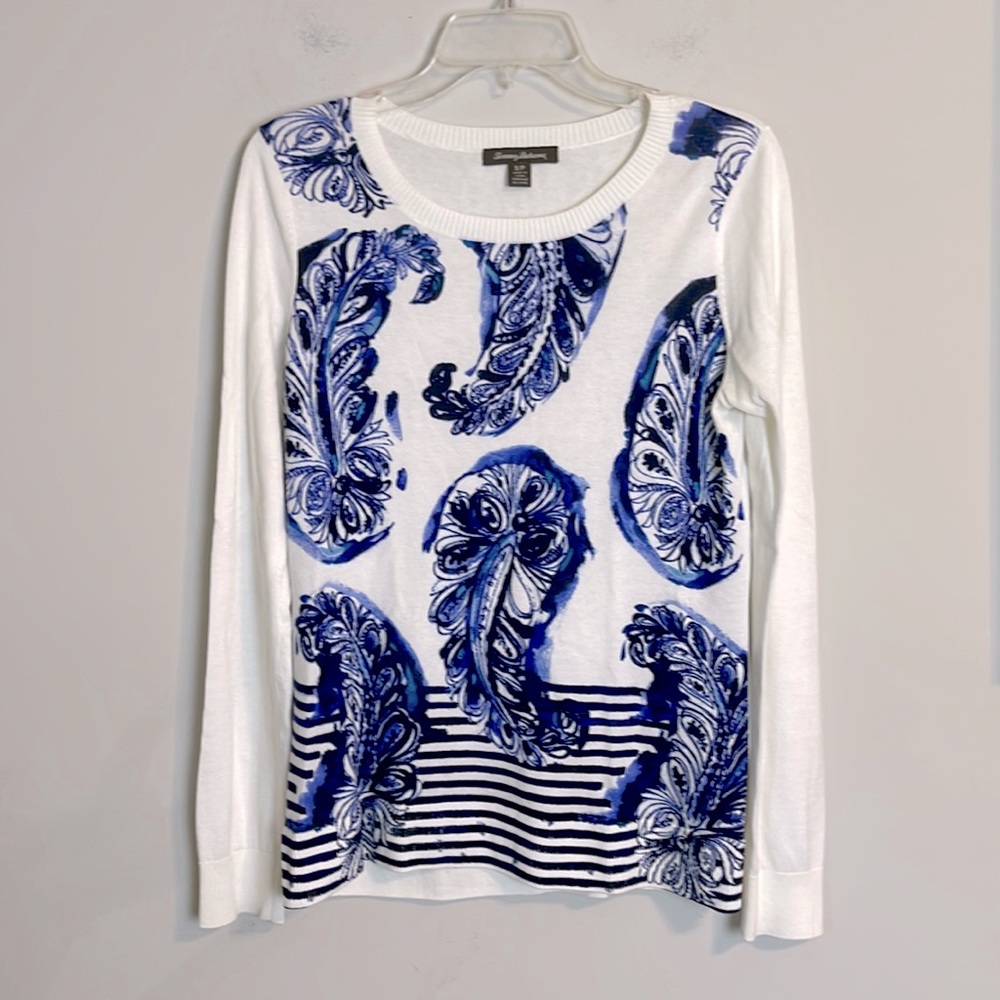 Tommy Bahama lightweight long sleeve crewneck white and blue sweater size small